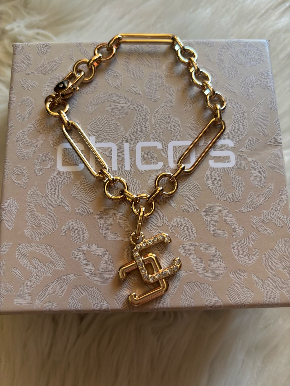 Chico's Gold Chain Link Bracelet with Crystal Charm